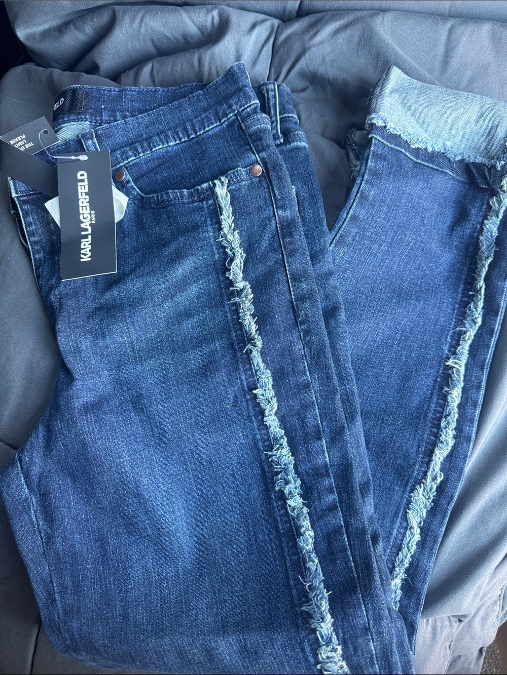 Karl Lagerfeld Women's Dark Blue Skinny Jeans with Frayed Side Trim